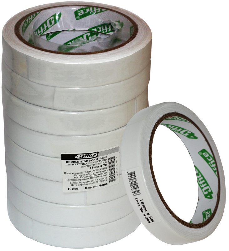 Клейка стрічка канцелярська 4OFFICE двостороння (4-395), 18мм х 2м, біла, пінна основа